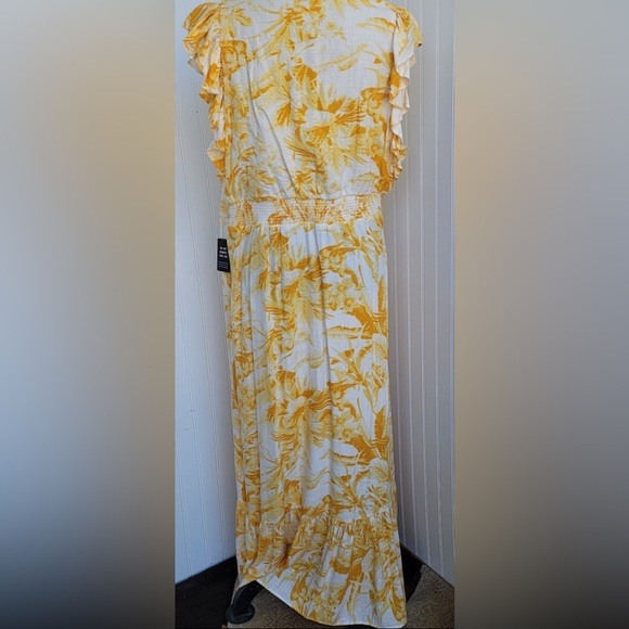 Express Women size Large Flutter Sleeve Tie Front Midi Linen Dress Yellow Gold - Picture 3 of 15